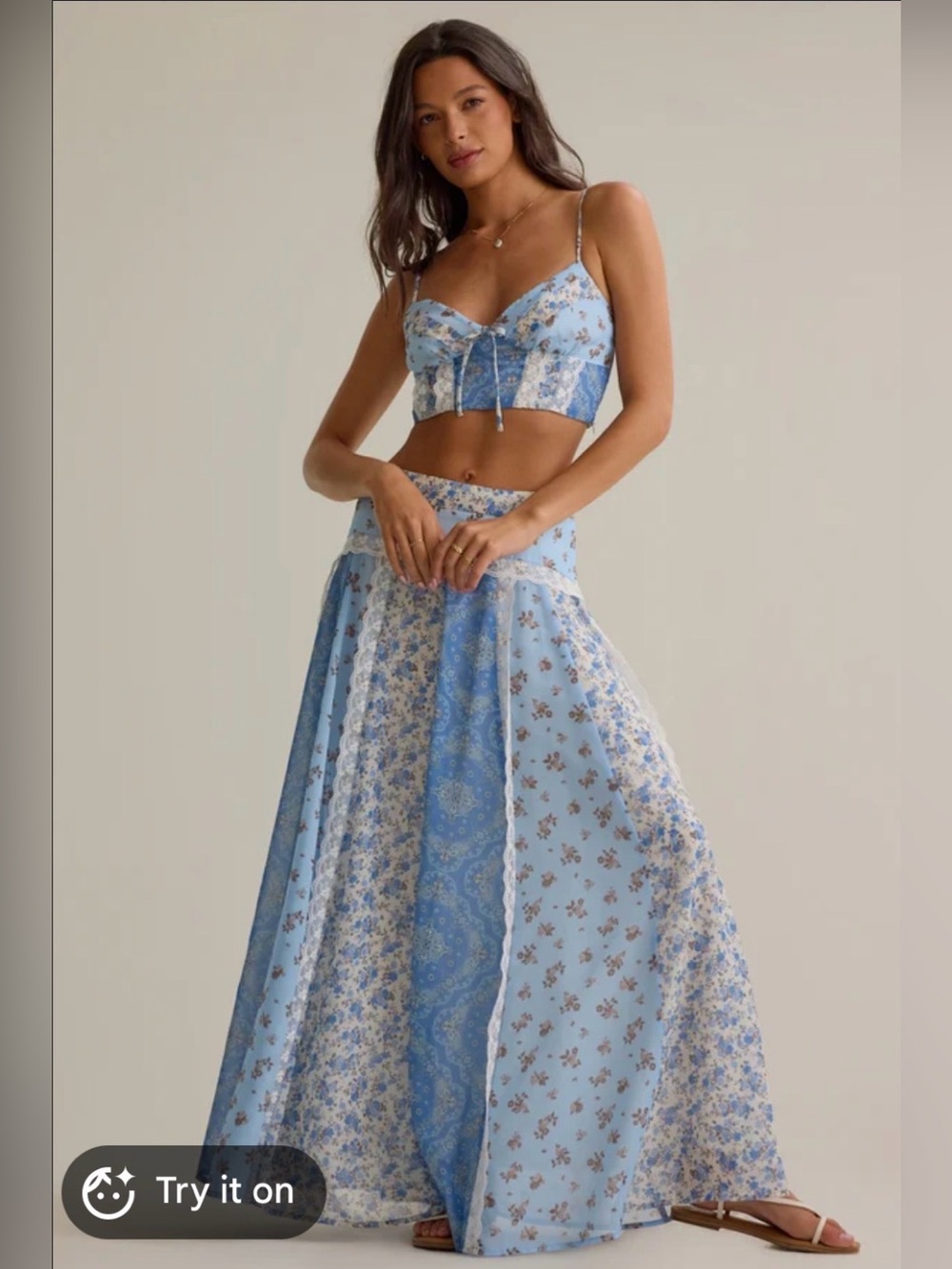 Altar'd State Light Blue Floral Patchwork Maxi Skirt and Top Set